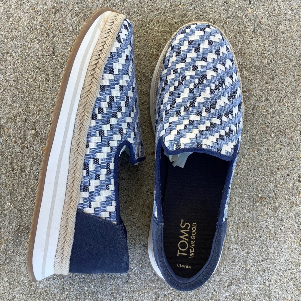 TOMS Alpargata Mallow Mule Espadrilles Blue White Woven Platform Shoes Women 8.5